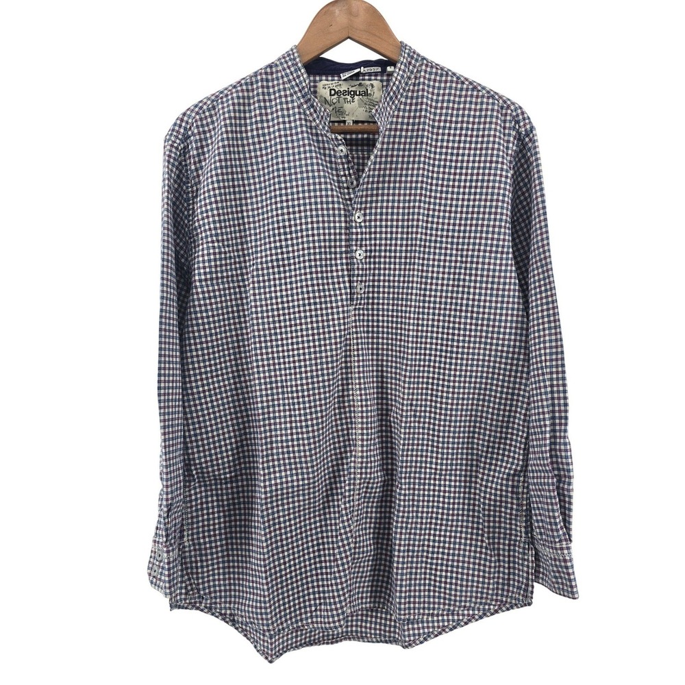 Desigual Button Down Shirt Mens XL Blue Gingham Grandad Band Collar Popover